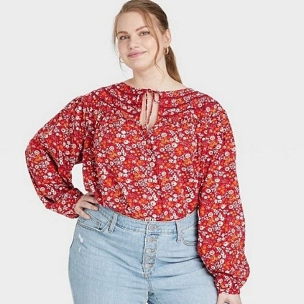 Universal Thread Red Floral Peasant Prairie Long Sleeve Blouse Top Size XS